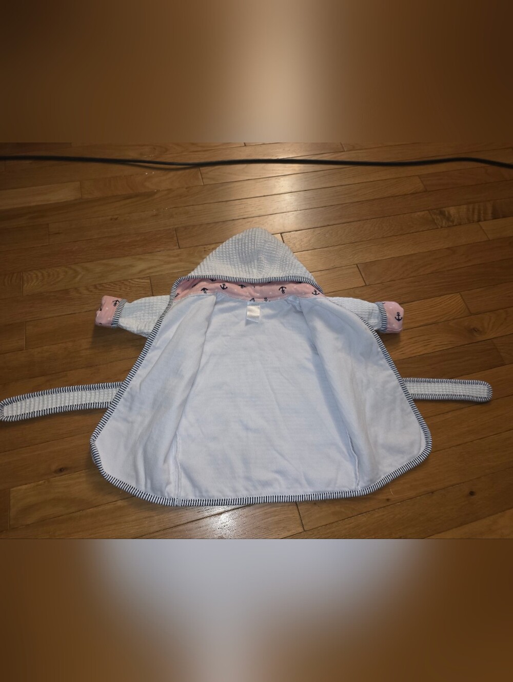 Nautica Infant 0-9 Mth Cream Waffle-Knit Kids Hooded Robe Pink Sailboat Lining - Picture 4 of 13
